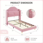 Cadre de lit double avec tête de lit de rangement et lumières LED, lit plateforme tapissé en velours pour enfants, aucun sommier tapissier requis, cadre robuste en métal et bois