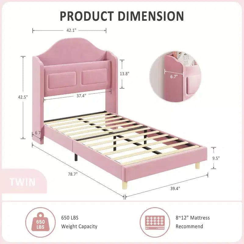 Cadre de lit double avec tête de lit de rangement et lumières LED, lit plateforme tapissé en velours pour enfants, aucun sommier tapissier requis, cadre robuste en métal et bois