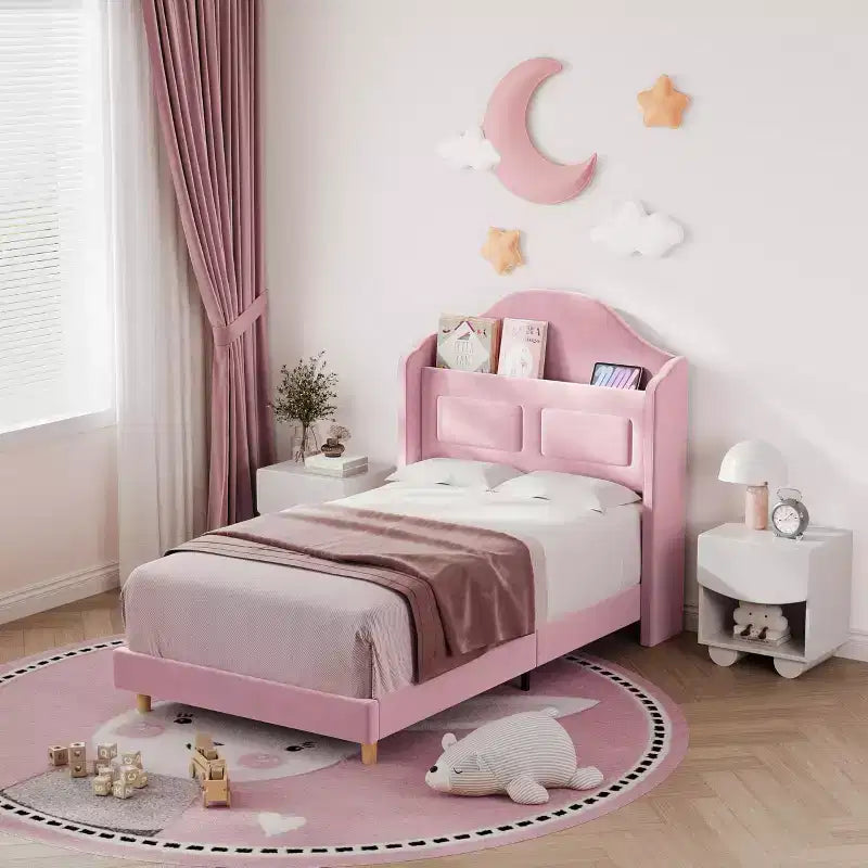 Cadre de lit double avec tête de lit de rangement et lumières LED, lit plateforme tapissé en velours pour enfants, aucun sommier tapissier requis, cadre robuste en métal et bois