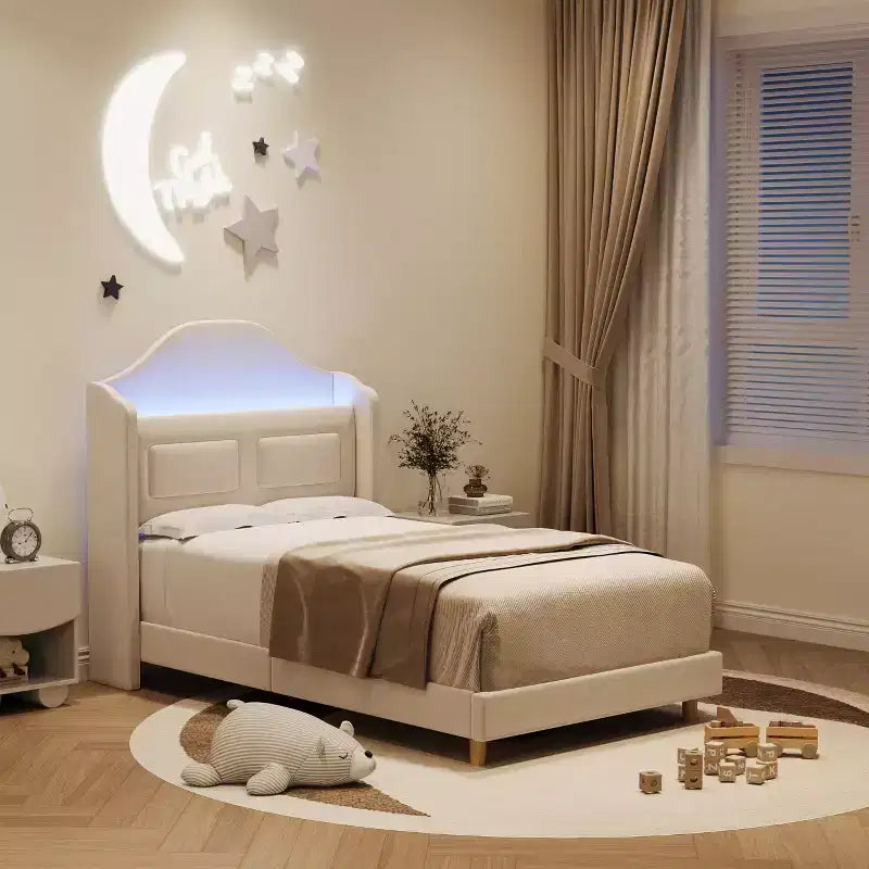 Cadre de lit double avec tête de lit de rangement et lumières LED, lit plateforme tapissé en velours pour enfants, aucun sommier tapissier requis, cadre robuste en métal et bois