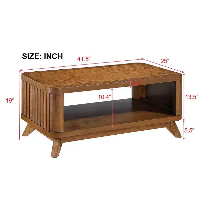 Zeus et Ruta Table basse rectangulaire en bois 105,4 cm avec pieds en bois massif et étagère de rangement ouverte pour salon, montage facile, noyer