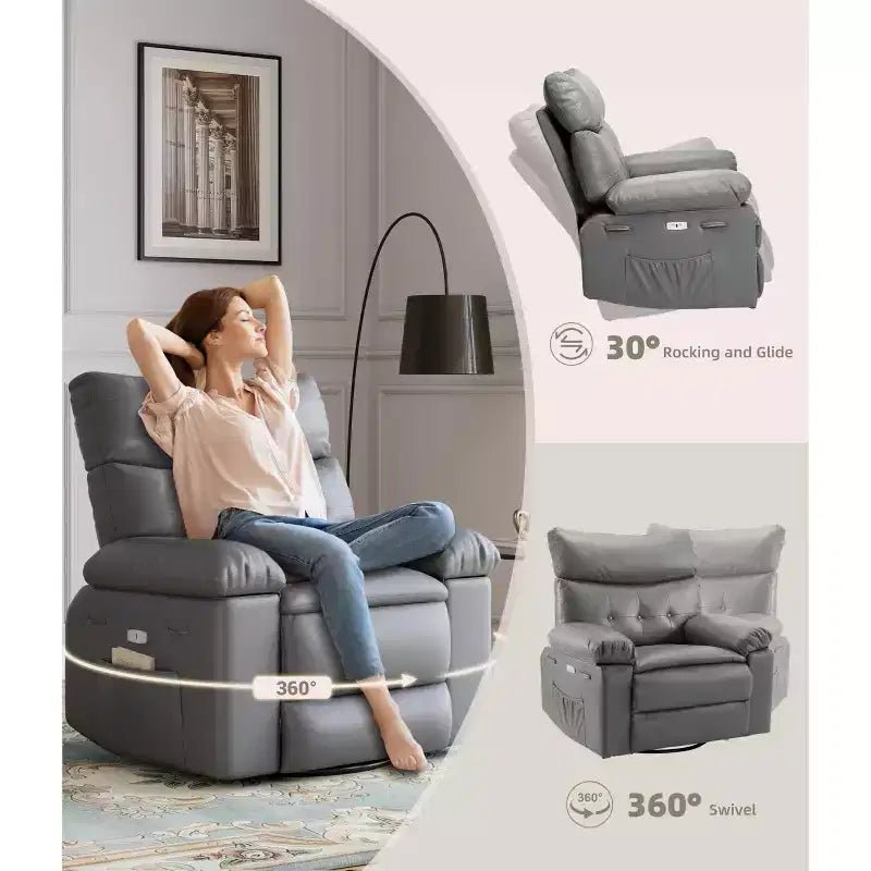Fauteuil inclinable électrique à 360°, pivotant avec fonction chauffage et massage, en cuir PU (remplissage éponge 1,5X pour salon)