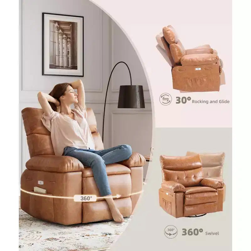 Fauteuil inclinable électrique à 360°, pivotant avec fonction chauffage et massage, en cuir PU (remplissage éponge 1,5X pour salon)