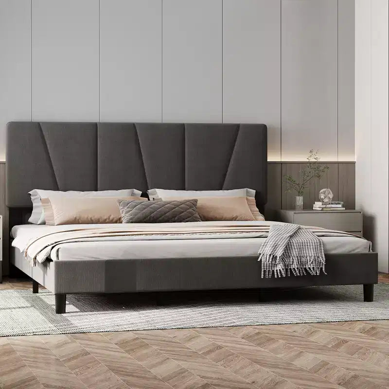 Cadre de lit King Size avec tête de lit réglable, sommier tapissier King en tissu avec lattes en bois robustes, support de matelas