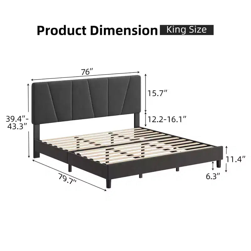 Cadre de lit King Size avec tête de lit réglable, sommier tapissier King en tissu avec lattes en bois robustes, support de matelas