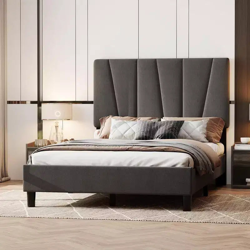 Cadre de lit King Size avec tête de lit réglable, sommier tapissier King en tissu avec lattes en bois robustes, support de matelas