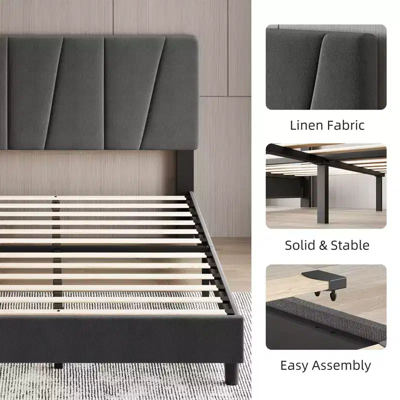 Cadre de lit King Size avec tête de lit réglable, sommier tapissier King en tissu avec lattes en bois robustes, support de matelas