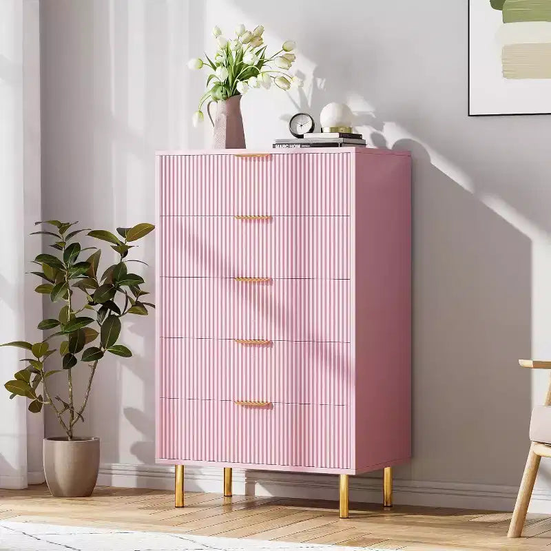 Commode à 5 tiroirs, Organiseur de rangement en bois avec poignées dorées, Commode de style moderne pour chambre à coucher, salon