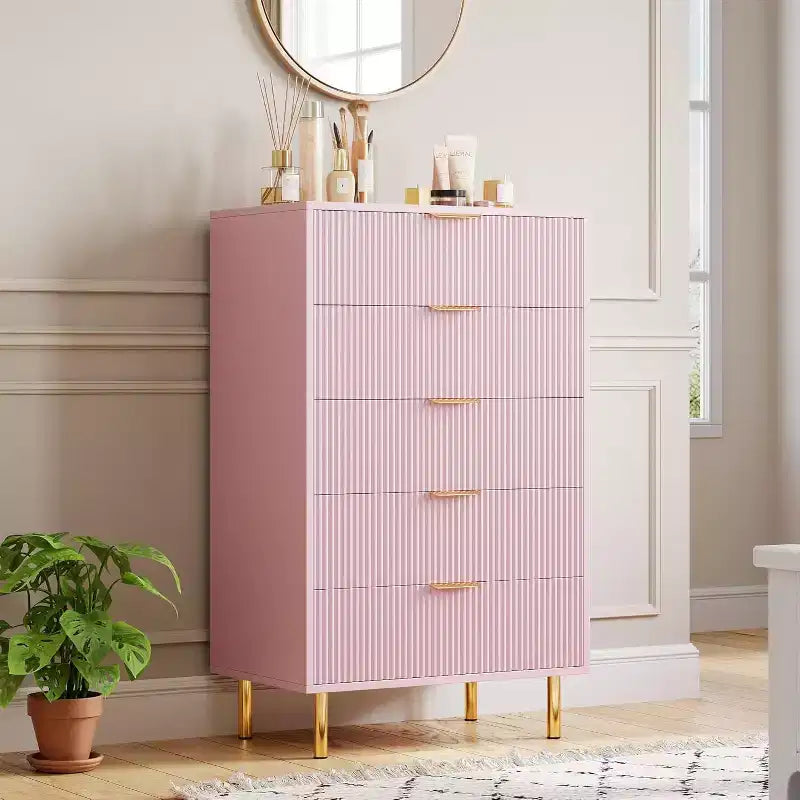 Commode à 5 tiroirs, Organiseur de rangement en bois avec poignées dorées, Commode de style moderne pour chambre à coucher, salon
