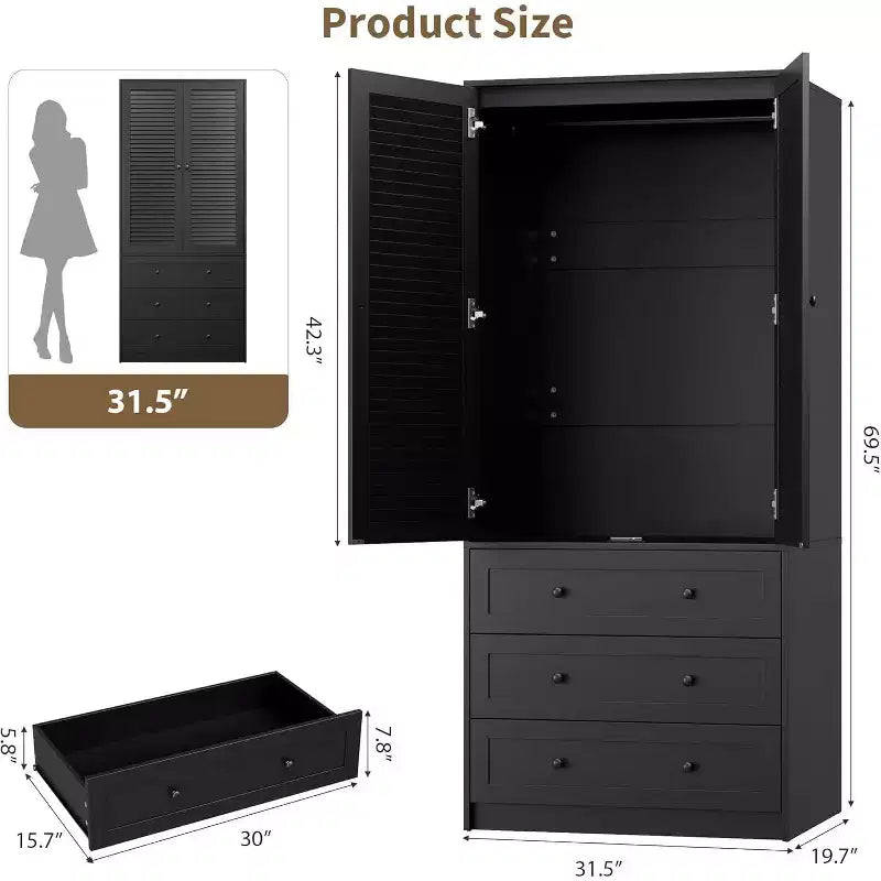 Armoire avec tringle à vêtements et tiroirs, placard de rangement haut en bois à 2 portes pour l'organisation de la chambre, finition naturelle