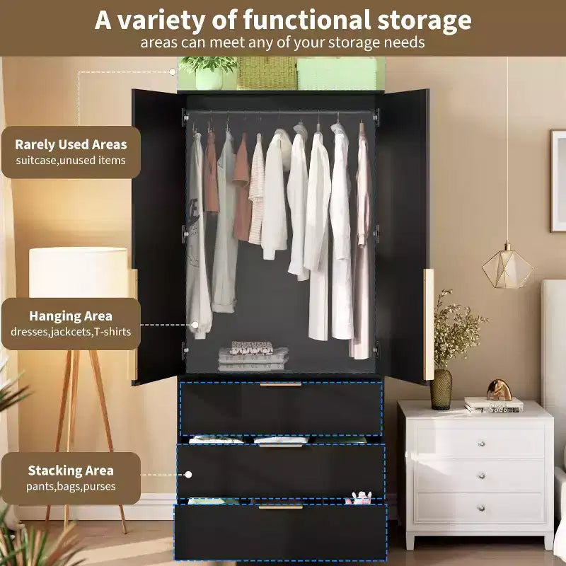Armoire avec tringle à vêtements et tiroirs, placard de rangement haut en bois à 2 portes pour l'organisation de la chambre, finition naturelle