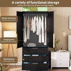 Armoire avec tringle à vêtements et tiroirs, placard de rangement haut en bois à 2 portes pour l'organisation de la chambre, finition naturelle
