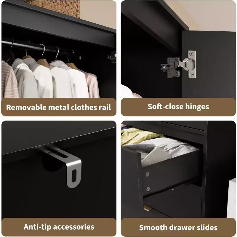 Armoire avec tringle à vêtements et tiroirs, placard de rangement haut en bois à 2 portes pour l'organisation de la chambre, finition naturelle