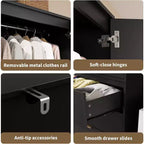 Armoire avec tringle à vêtements et tiroirs, placard de rangement haut en bois à 2 portes pour l'organisation de la chambre, finition naturelle