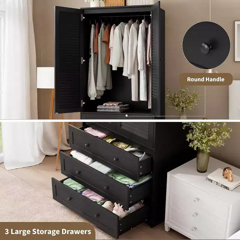 Armoire avec tringle à vêtements et tiroirs, placard de rangement haut en bois à 2 portes pour l'organisation de la chambre, finition naturelle