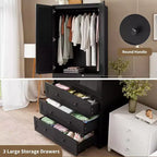 Armoire avec tringle à vêtements et tiroirs, placard de rangement haut en bois à 2 portes pour l'organisation de la chambre, finition naturelle