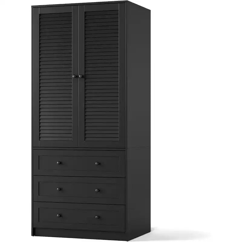 Armoire avec tringle à vêtements et tiroirs, placard de rangement haut en bois à 2 portes pour l'organisation de la chambre, finition naturelle