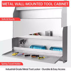 Meuble de rangement mural en aluminium avec surface de travail rabattable et tiroirs à outils