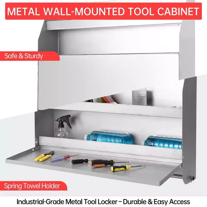 Meuble de rangement mural en aluminium avec surface de travail rabattable et tiroirs à outils