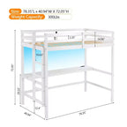 Lit mezzanine VINGLI avec bureau, lit superposé double en bois avec LED RVB pour adultes, 2 stations de charge sur garde-corps haut et bureau, support à lattes en bois, blanc