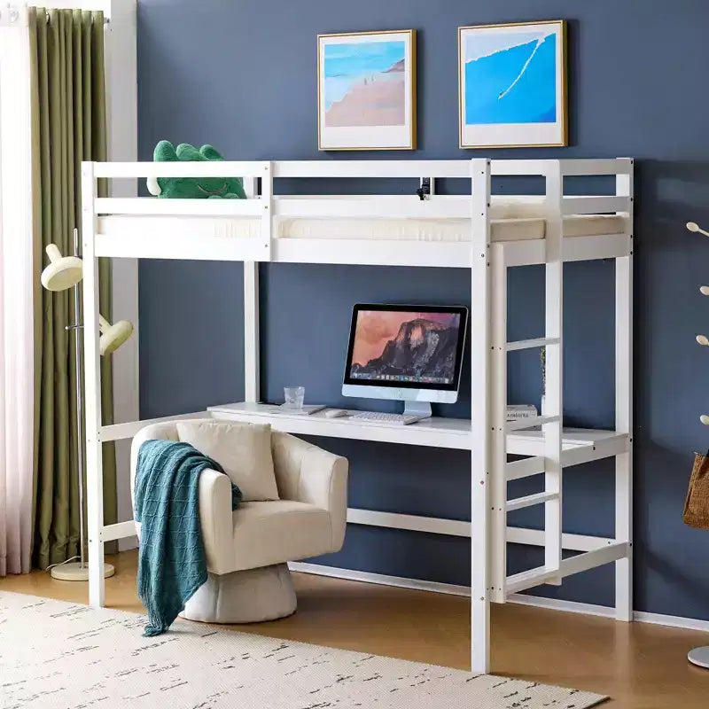 Lit mezzanine VINGLI avec bureau, lit superposé double en bois avec LED RVB pour adultes, 2 stations de charge sur garde-corps haut et bureau, support à lattes en bois, blanc