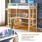 Lit mezzanine VINGLI avec bureau, lit superposé double en bois avec LED RVB pour adultes, 2 stations de charge sur garde-corps haut et bureau, support à lattes en bois, blanc