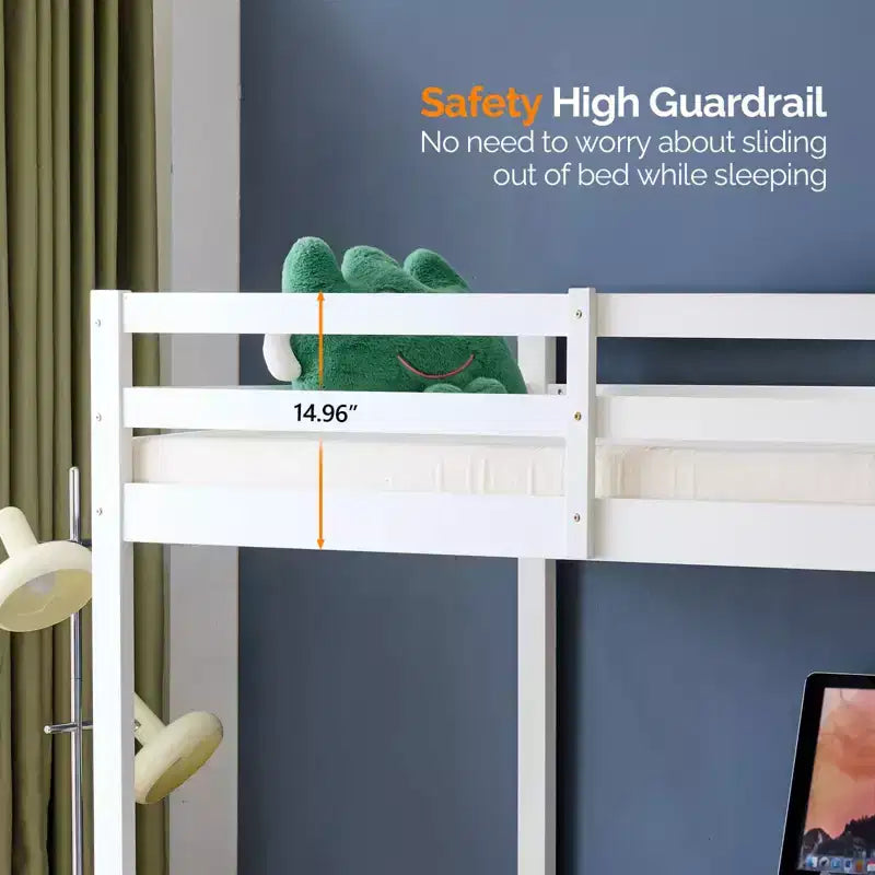 Lit mezzanine VINGLI avec bureau, lit superposé double en bois avec LED RVB pour adultes, 2 stations de charge sur garde-corps haut et bureau, support à lattes en bois, blanc