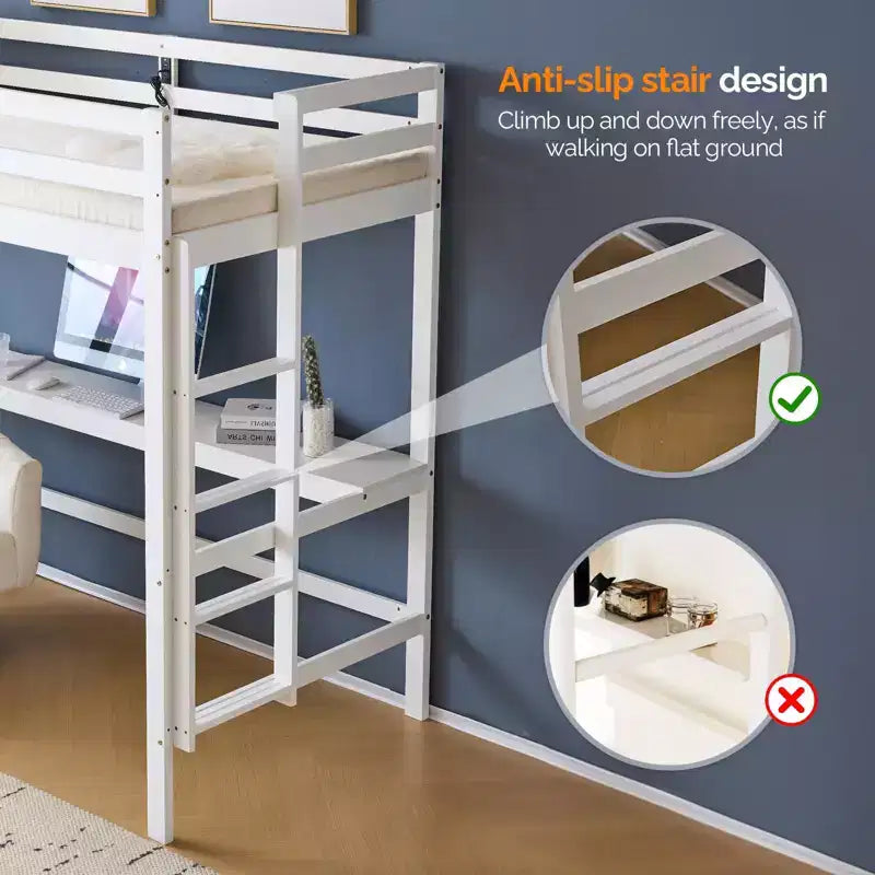 Lit mezzanine VINGLI avec bureau, lit superposé double en bois avec LED RVB pour adultes, 2 stations de charge sur garde-corps haut et bureau, support à lattes en bois, blanc