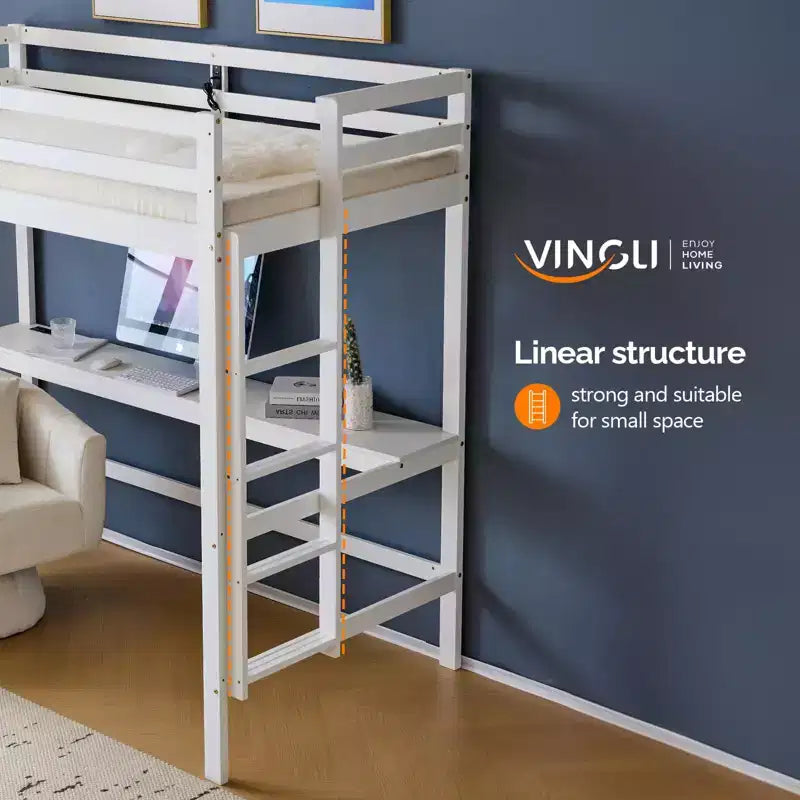 Lit mezzanine VINGLI avec bureau, lit superposé double en bois avec LED RVB pour adultes, 2 stations de charge sur garde-corps haut et bureau, support à lattes en bois, blanc