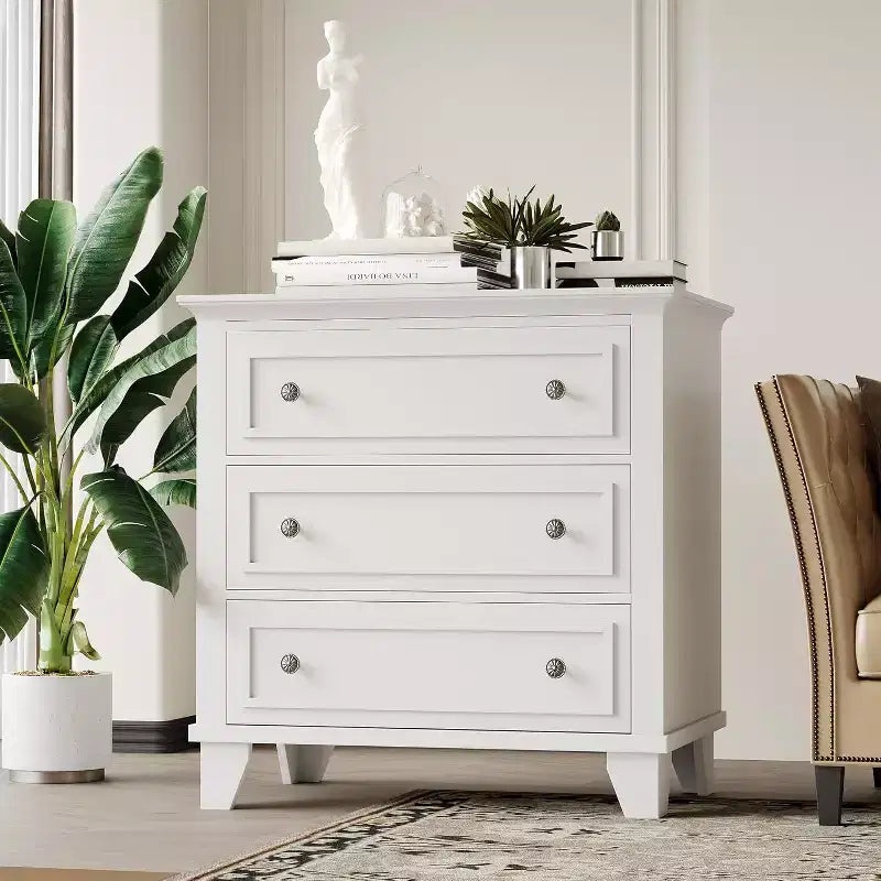 Commode moderne à 3 tiroirs, meuble compact en bois avec poignées métalliques robustes, rangement peu encombrant pour chambre, entrée, couloir