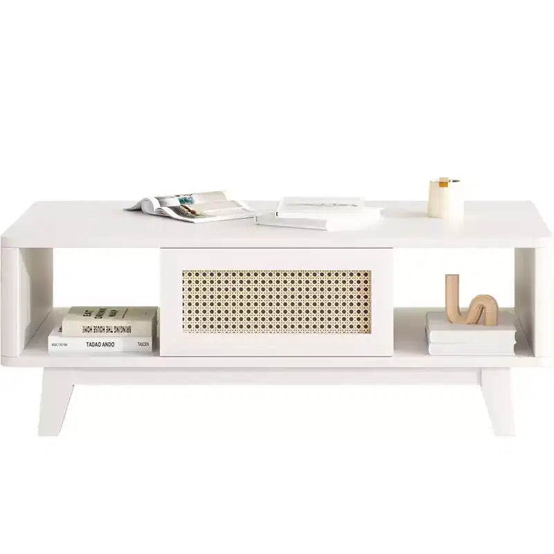 Table basse en bois Okak Mid Century à 2 niveaux avec tiroir en rotin et étagère ouverte, table de salon de style ferme, chambre à coucher