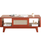 Table basse en bois Okak Mid Century à 2 niveaux avec tiroir en rotin et étagère ouverte, table de salon de style ferme, chambre à coucher