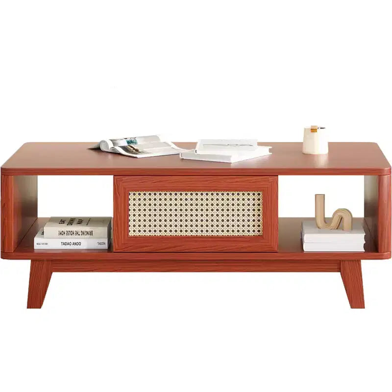 Table basse en bois Okak Mid Century à 2 niveaux avec tiroir en rotin et étagère ouverte, table de salon de style ferme, chambre à coucher