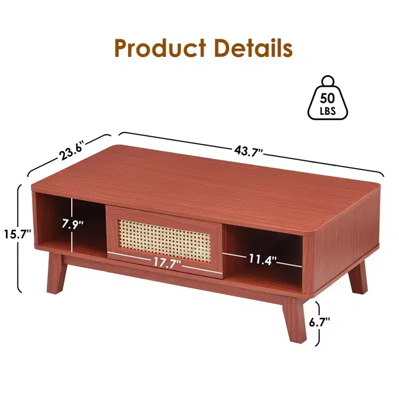Table basse en bois Okak Mid Century à 2 niveaux avec tiroir en rotin et étagère ouverte, table de salon de style ferme, chambre à coucher