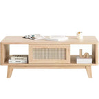 Table basse en bois Okak Mid Century à 2 niveaux avec tiroir en rotin et étagère ouverte, table de salon de style ferme, chambre à coucher