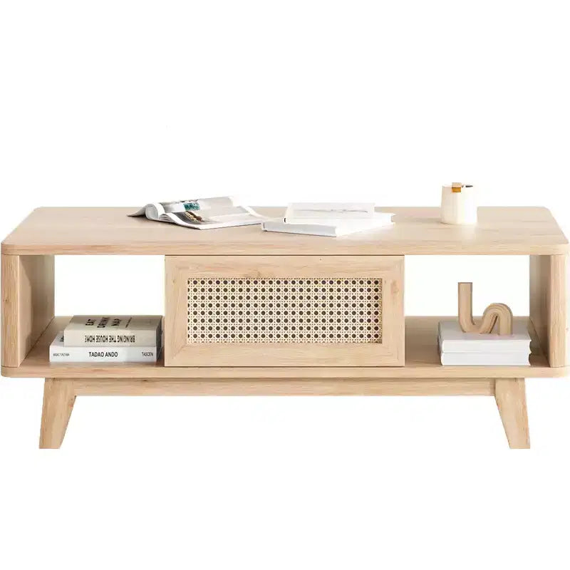 Table basse en bois Okak Mid Century à 2 niveaux avec tiroir en rotin et étagère ouverte, table de salon de style ferme, chambre à coucher