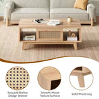 Table basse en bois Okak Mid Century à 2 niveaux avec tiroir en rotin et étagère ouverte, table de salon de style ferme, chambre à coucher