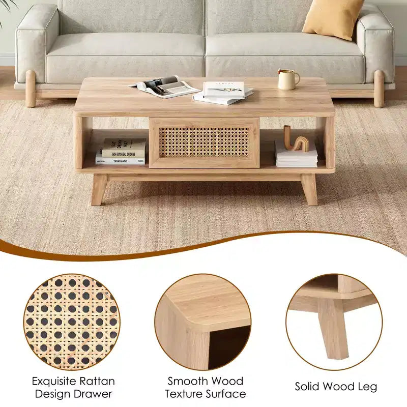 Table basse en bois Okak Mid Century à 2 niveaux avec tiroir en rotin et étagère ouverte, table de salon de style ferme, chambre à coucher