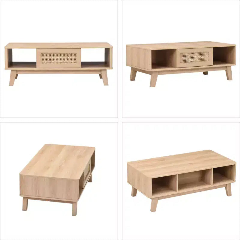 Table basse en bois Okak Mid Century à 2 niveaux avec tiroir en rotin et étagère ouverte, table de salon de style ferme, chambre à coucher