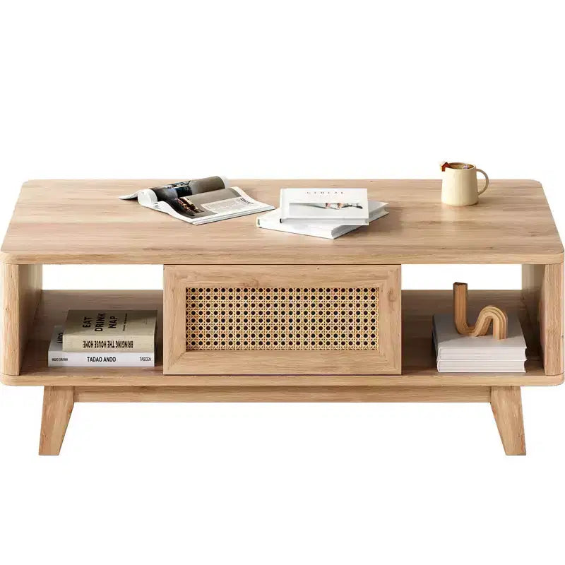 Table basse en bois Okak Mid Century à 2 niveaux avec tiroir en rotin et étagère ouverte, table de salon de style ferme, chambre à coucher