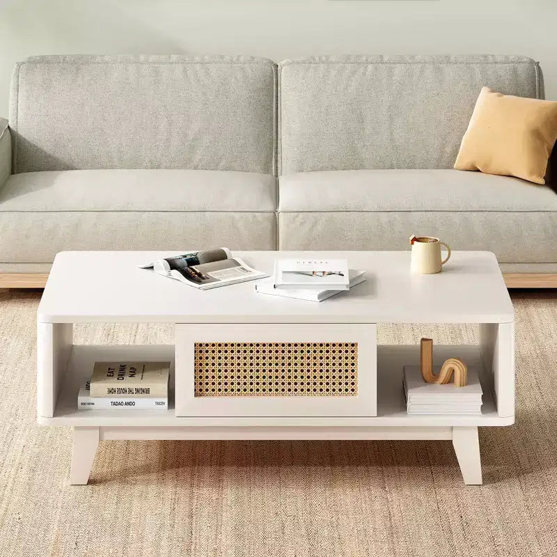 Table basse en bois Okak Mid Century à 2 niveaux avec tiroir en rotin et étagère ouverte, table de salon de style ferme, chambre à coucher