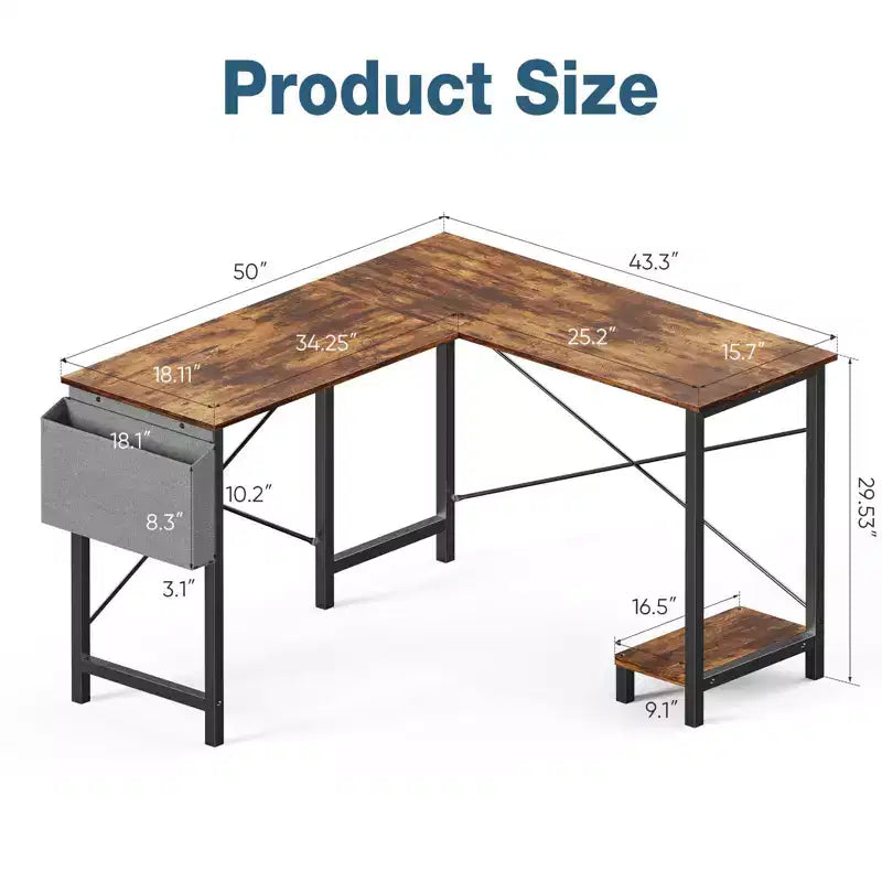 Bureau d'angle en L Okak 50 pouces avec étagère de rangement pour unité centrale, bureau d'ordinateur avec sac latéral pour bureau, salon, étude