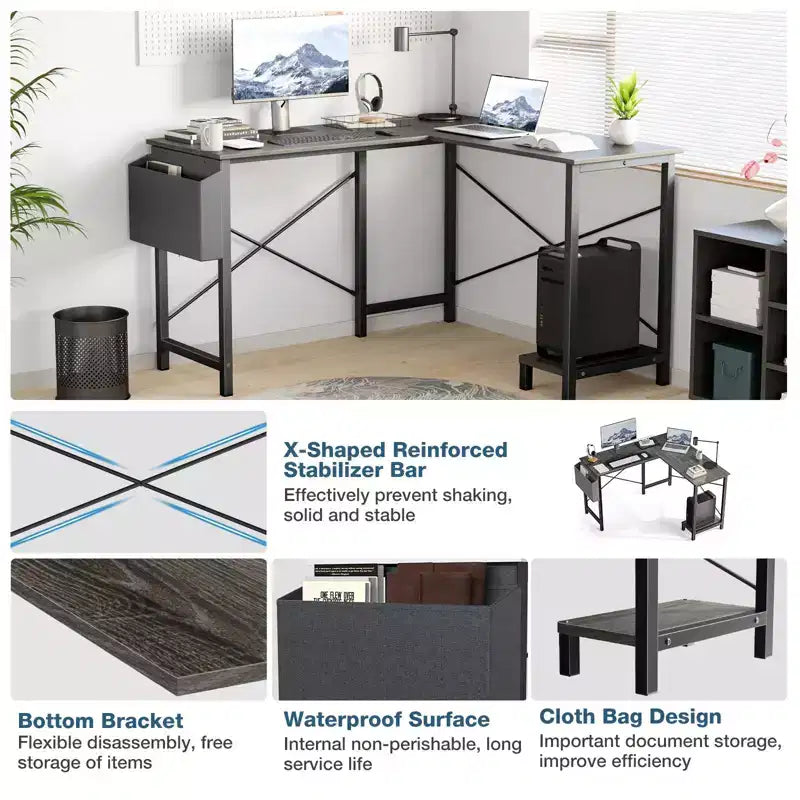 Bureau d'angle en L Okak 50 pouces avec étagère de rangement pour unité centrale, bureau d'ordinateur avec sac latéral pour bureau, salon, étude