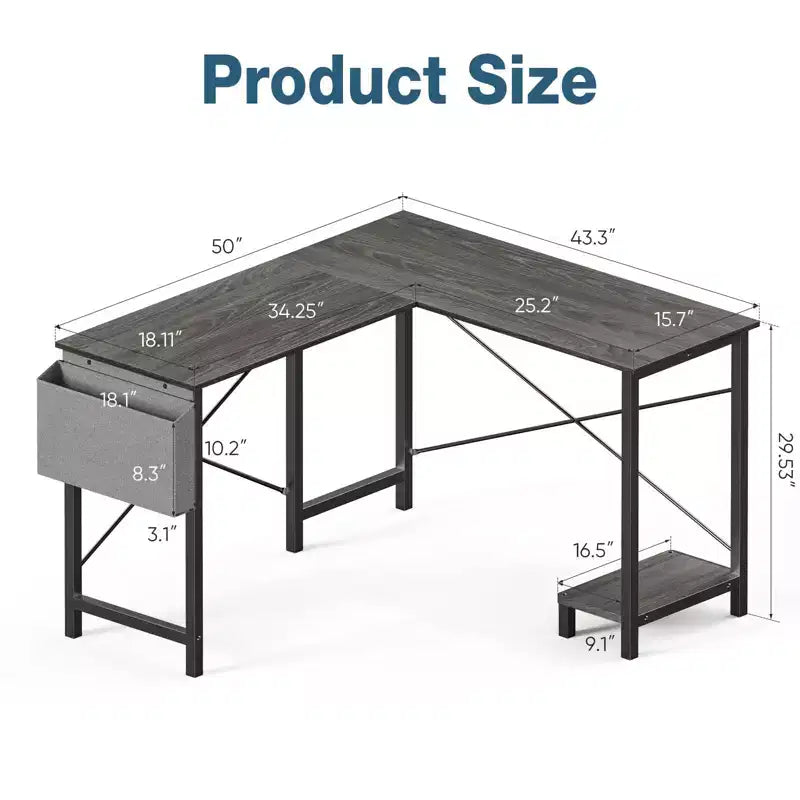 Bureau d'angle en L Okak 50 pouces avec étagère de rangement pour unité centrale, bureau d'ordinateur avec sac latéral pour bureau, salon, étude