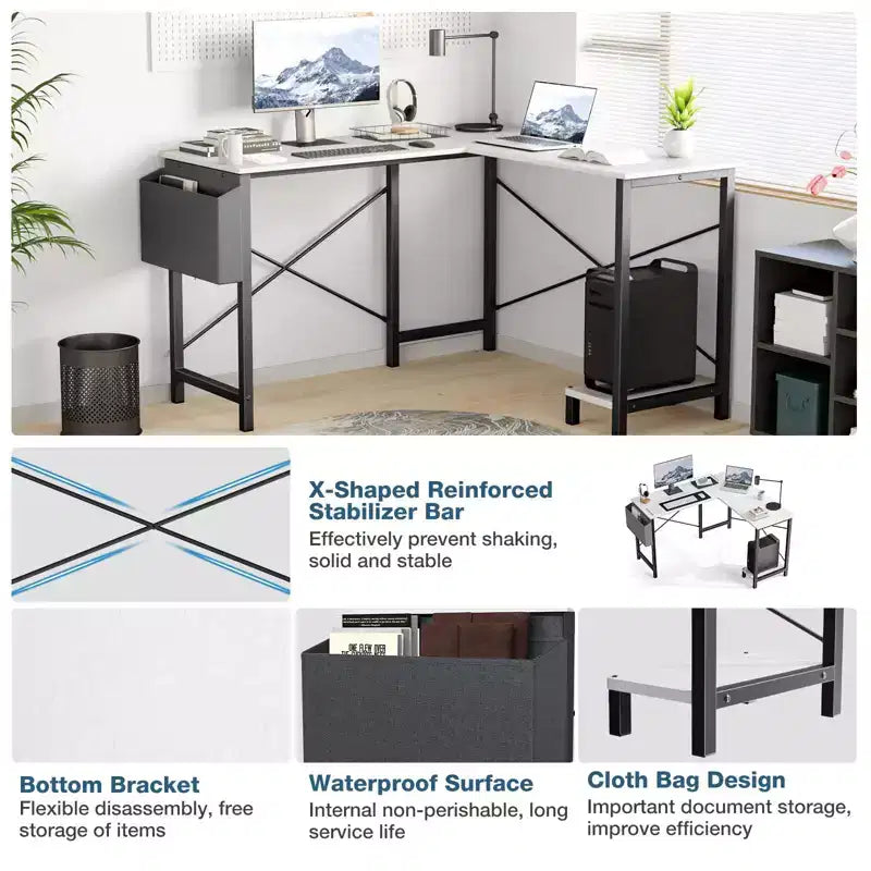 Bureau d'angle en L Okak 50 pouces avec étagère de rangement pour unité centrale, bureau d'ordinateur avec sac latéral pour bureau, salon, étude