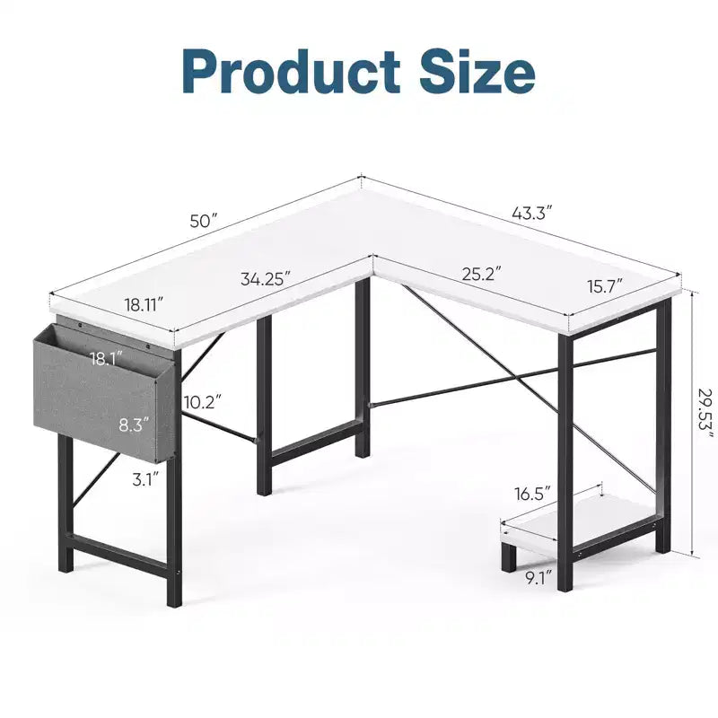 Bureau d'angle en L Okak 50 pouces avec étagère de rangement pour unité centrale, bureau d'ordinateur avec sac latéral pour bureau, salon, étude
