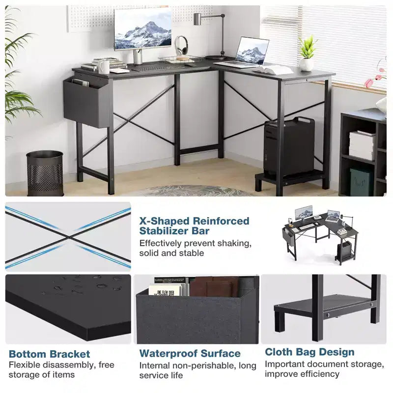 Bureau d'angle en L Okak 50 pouces avec étagère de rangement pour unité centrale, bureau d'ordinateur avec sac latéral pour bureau, salon, étude