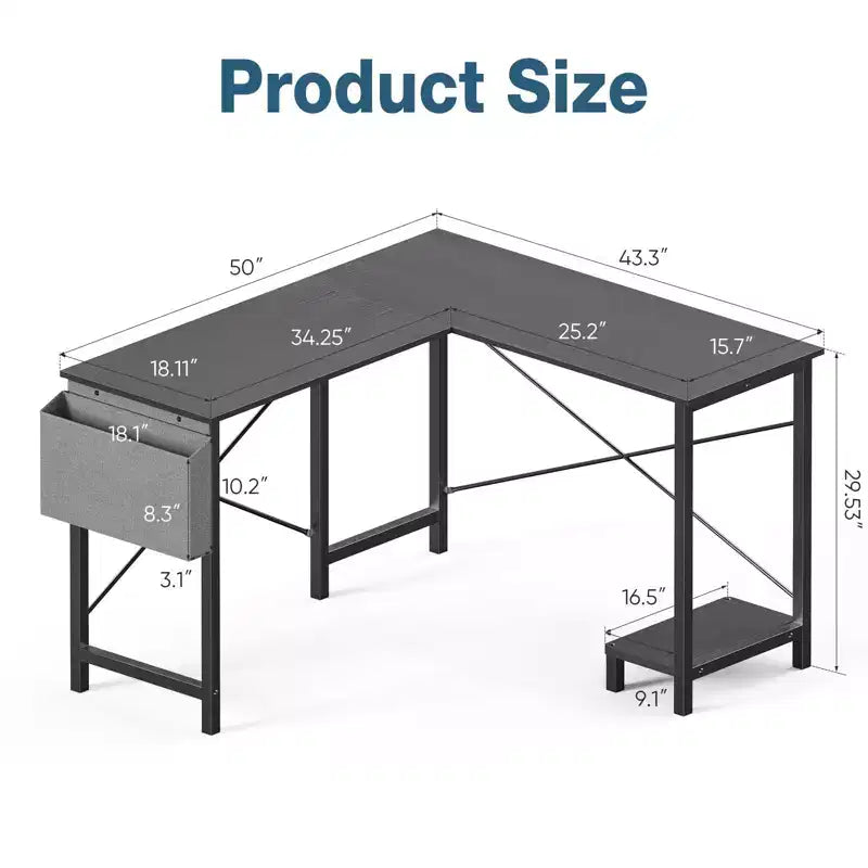 Bureau d'angle en L Okak 50 pouces avec étagère de rangement pour unité centrale, bureau d'ordinateur avec sac latéral pour bureau, salon, étude