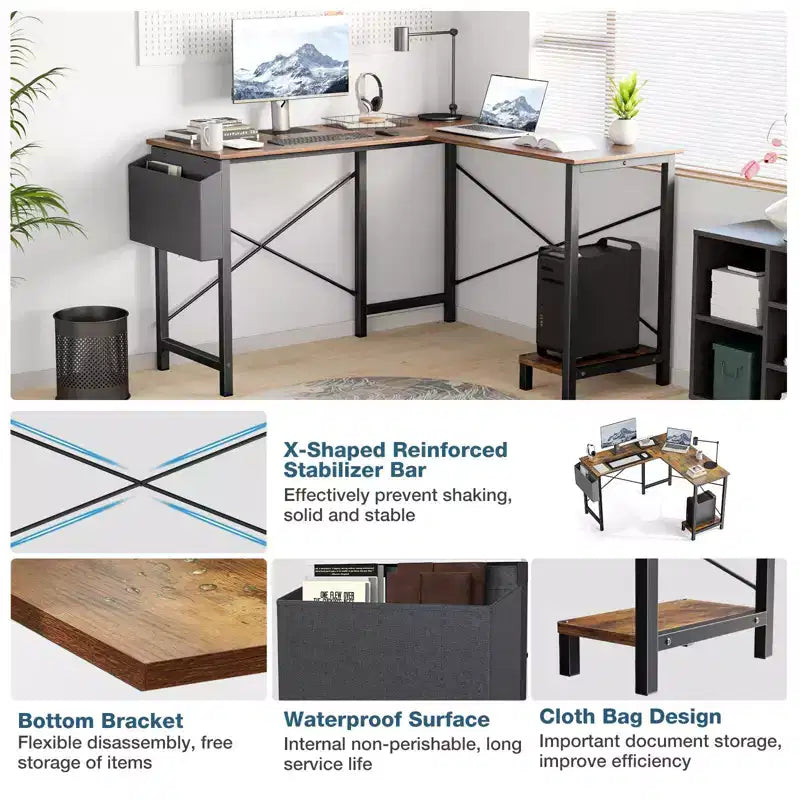 Bureau d'angle en L Okak 50 pouces avec étagère de rangement pour unité centrale, bureau d'ordinateur avec sac latéral pour bureau, salon, étude