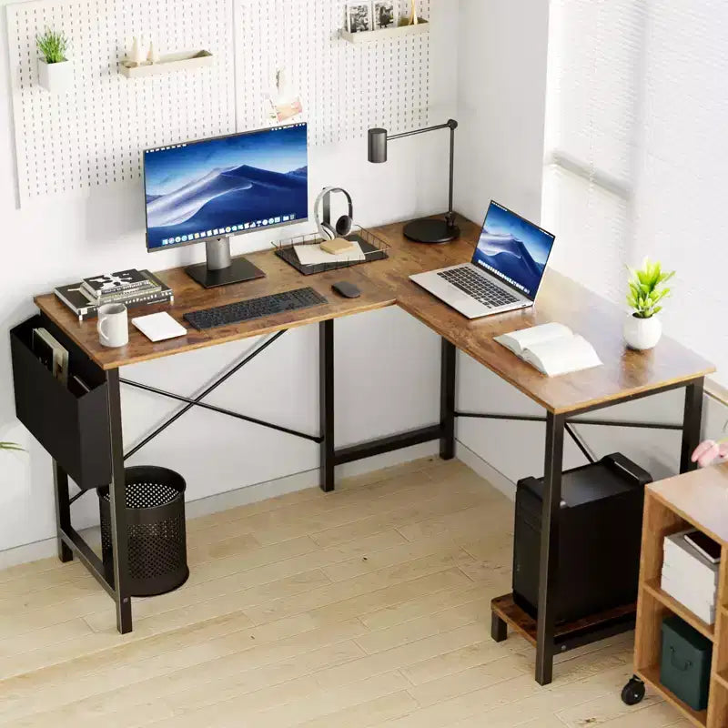 Bureau d'angle en L Okak 50 pouces avec étagère de rangement pour unité centrale, bureau d'ordinateur avec sac latéral pour bureau, salon, étude